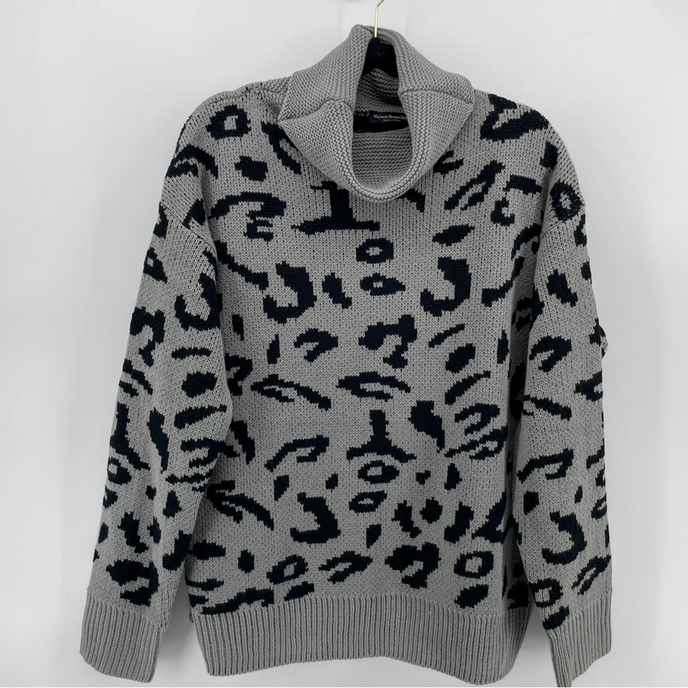 Maison Mascallier Cowl Neck Sweater Gray Leopard Animal Print L